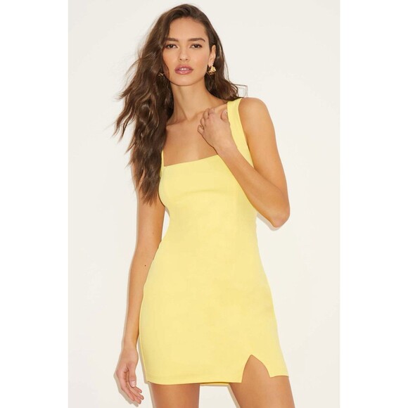 Lulus Social Sensation Dress Women's L Light Yellow Mini Square Bodycon NWT - Picture 2 of 11